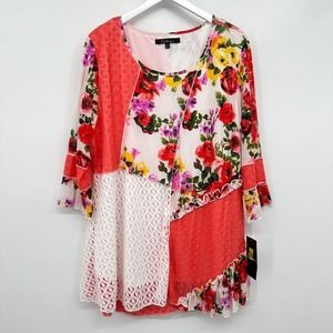 Calessa Tunic Top Shirt Blouse Size 1X Stretch 3/4 Sleeve Patchwork‎ Floral New